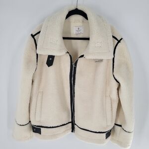 Jade & Ivory Cream Faux Shearling Aviator Jacket Black Trim Zip Front Cozy L New